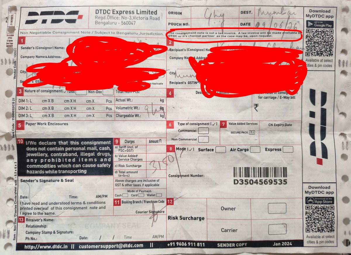 KrishnajeeChau1's tweet photo. @DTDCIndia 
Fraud by your local office 
₹3150 charged whereas the actual fee was ₹1170-₹1770. Invoice demanded but not provided. Matter escalated to your customer care email but no response. https://t.co/FZRvTNKHLJ