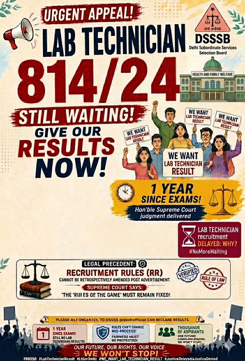 KeishavJephMina's tweet photo. 12 months of silence on DSSSB Lab Technician Post Code 814/24 Final Result (March 2024 notification) is unacceptable.

We demand the final result now.

@dsssbofficial @LtGovDelhi @SandhuTaranjitS
@gupta_rekha https://t.co/FN7645IsOf