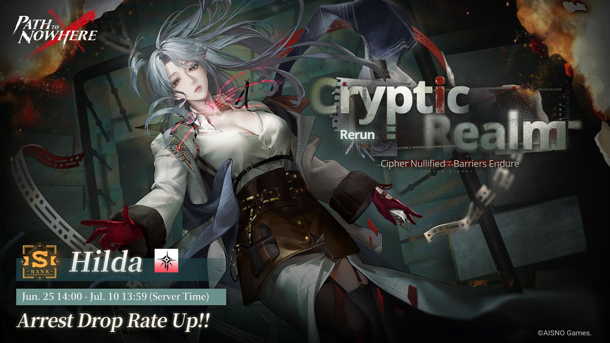 PathtoNowhereEN's tweet photo. [Cryptic Realm] Routine Arrest Starts
■ Event Duration: Jun. 25, 14:00 - Jul. 10, 13:59 (Server Time)
■ Event Description: During the event period, the probability of obtaining S-Class Sinner [Hilda] in Arrest increases. For every 10 arrests, you will obtain at least 1 [A-Class or S-Class Sinner]. After the event ends, [Hilda] is still obtainable in the [Sin City] Regular Arrest.

Note: [Cryptic Realm] Routine Arrest will take over the guarantee count from the last Routine Arrest. After the [Cryptic Realm] Routine Arrest ends, the guarantee count goes over to the next Routine Arrest event when it starts.