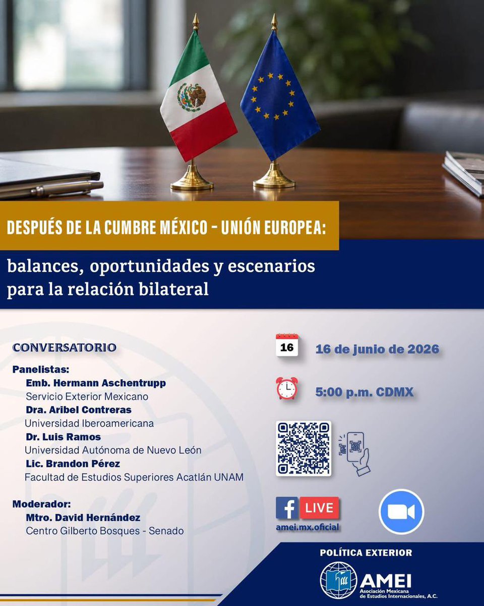 YaneritMorgan's tweet photo. 📣🇲🇽🇪🇺 Mañana es el conversatorio virtual “Después de la Cumbre México–Unión Europea: balances, oportunidades y escenarios para la relación bilateral” organizado por el Comité de Pol. Ext. @amei_mx_oficial 5:00 p.m. (CDMX) no te lo pierdas!
🔗 Registro:https://t.co/K9wjLcw4dI https://t.co/NWbq1EdWCa