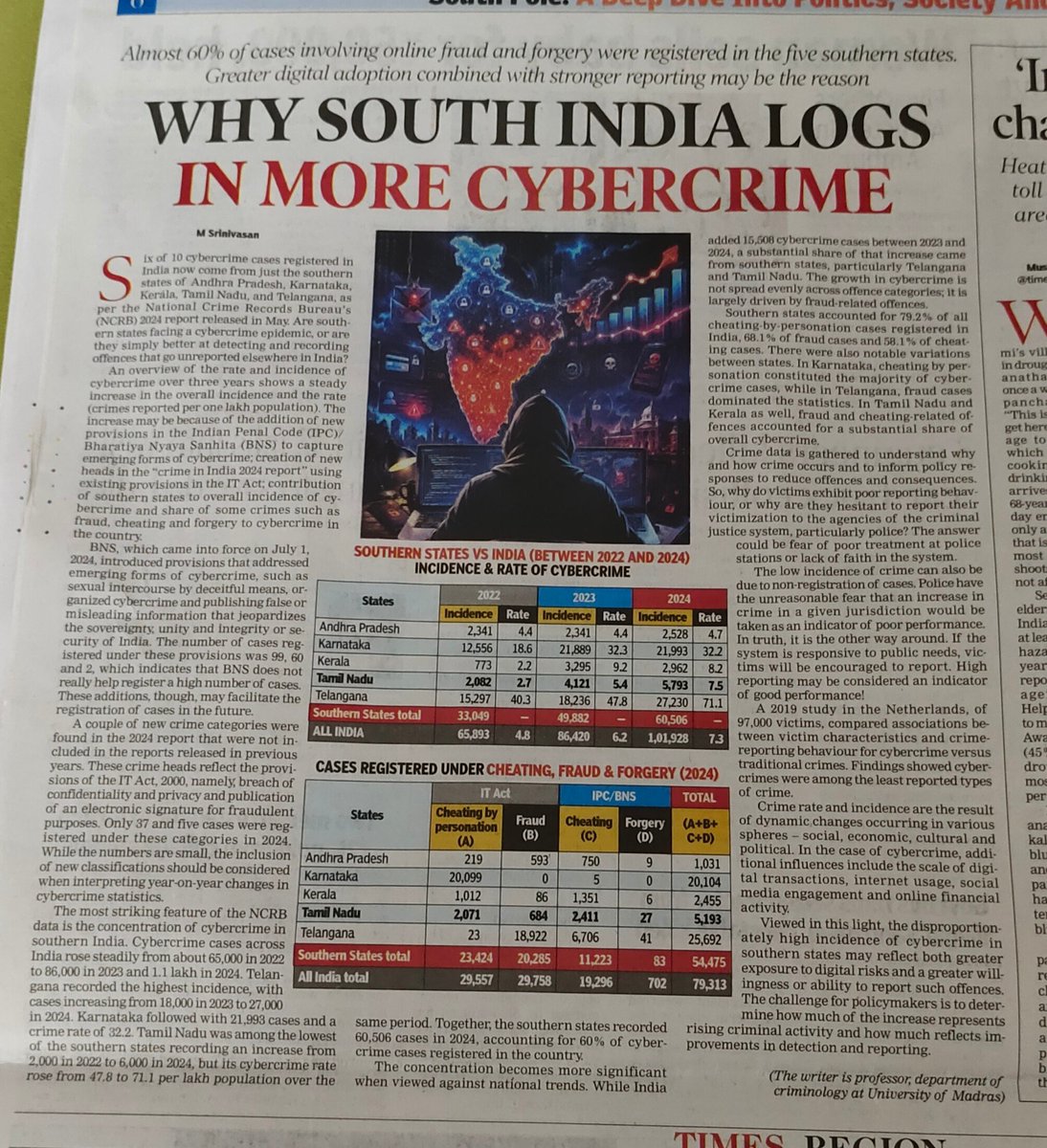 jksthomas's tweet photo. Cybercrime is emerging as one of the biggest public safety challenges in India’s digital era. NCRB data shows that southern states account for nearly 60% of all cybercrime cases registered in the country, reflecting both higher digital adoption and improved reporting mechanisms.

As online banking, UPI transactions, and digital services continue to grow, so do risks from fraud, impersonation, and financial scams. The way forward is stronger cyber policing, faster investigation, public awareness campaigns, and improved digital literacy. Technology has transformed lives, but staying safe online must become a shared responsibility for governments, institutions, and citizens alike.

#CyberCrime #DigitalSafety #TamilNadu #CyberSecurity #NCRB