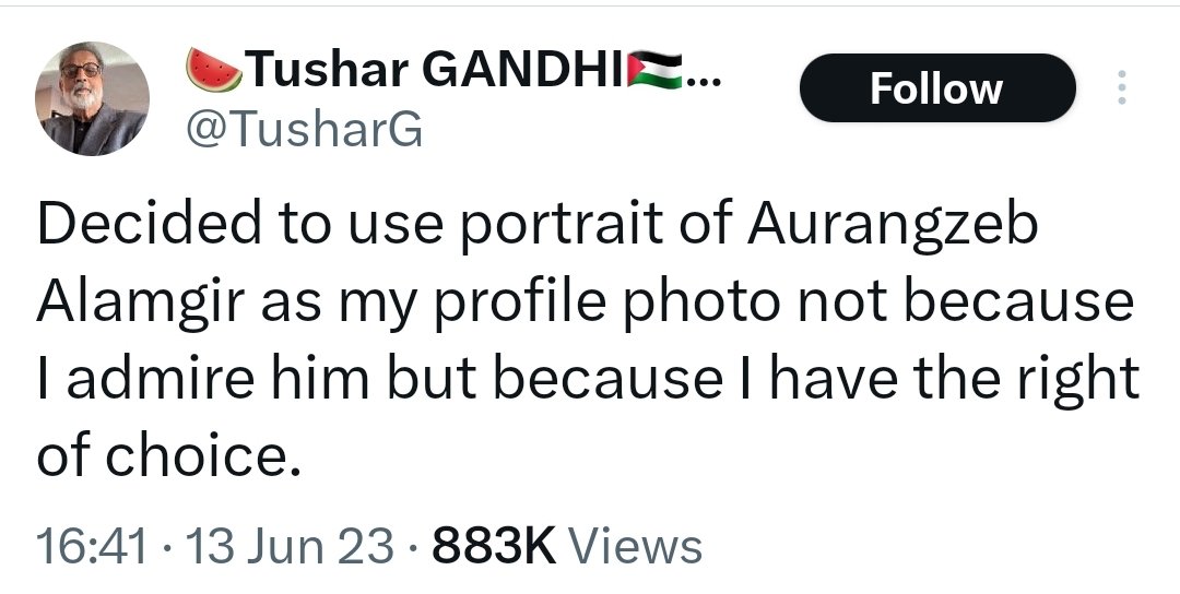 ByRakeshSimha's tweet photo. Gandhi's grandson and his Aurangzeb profile picture

Tushar Gandhi, the great-grandson of Mohandas Gandhi, used a portrait of the Islamic tyrant Aurangzeb as his profile picture. He posted in 2023: “Decided to use portrait of Aurangzeb Alamgir as my profile photo not because I admire him but because I have the right of choice.”

Seculars have such a warped view of secularism that they admire a murderous tyrant who declared his aim was to violently wipe out all non-Islamic religions from India. Even the pro Muslim NYT admits Aurangzeb killed more than 4.6 million Hindus. Link:
(https://t.co/nyDnaD6PCE)

Tushar Gandhi promoting a violent ideology is not surprising. His great grandfather Mohandas Gandhi imposed non-violence only on Hindus, effectively disarming them. This resulted in violence by jehadis  which Gandhi never opposed or criticised. Tushar is basically doubling down on the violence condoned by Mohandas. He is backing the same jehadis whom Mohandas supported, loved and described as "brothers."

Aurangzeb and his Mughal armies were ultimately defeated by the Marathas (and other Hindu rulers like the Ahoms). Otherwise the Gandhi name itself would have disappeared from history. Tushar is a living, breathing example of the suicidal secularism that blinded Mohandas Gandhi and continues to blind many secular Hindus to the dangers of radical ideologies.

Using a profile photo of Adolf Hitler would mean immediate cancellation. Hitler and Aurangzeb were both murderous rulers yet seculars in India (in cahoots with their liberal friends in the West) seek to legitimise Aurangzeb's genocide of Hindus.

Hindus need to create an ecosystem where people like Tushar Gandhi are instantly cancelled from public life for normalising violence against Hindus. Unless you take this to the courts and streets, the change won't happen. Haters like Tushar need to be confronted and cancelled.