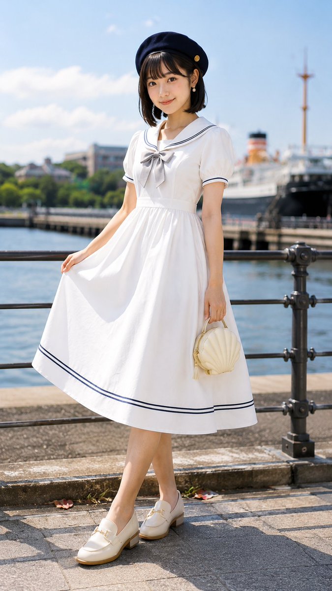 non_tan_00's tweet photo. 【NTS Fashion Blog 2026 Summer】

"A Day by the Sea"

～潮風と歩く休日～

海から吹く風に誘われて、
今日は少しだけ遠回り。
セーラーカラーのホワイトワンピースに、
ネイビーのベレー帽。
お気に入りのポーチを片手に、
港町をのんびり歩くお散歩コーデです。

肩の力を抜いて、
���色を眺めながら歩く時間も、
きっと素敵な旅のひとつ。
潮風と青空を感じながら、
みなさんも良い時間をお過ごしください⚓✨

もしうまく着られたら、引用リポストか"#NTS_Fashion_blog" をつけていただけたら嬉しいです🙌

Model : Mori Nina
NTS Fashion Blog
"Fashion for Every Journey"

#NTS_Fashion_Blog
#MarineStyle
#SummerFashion