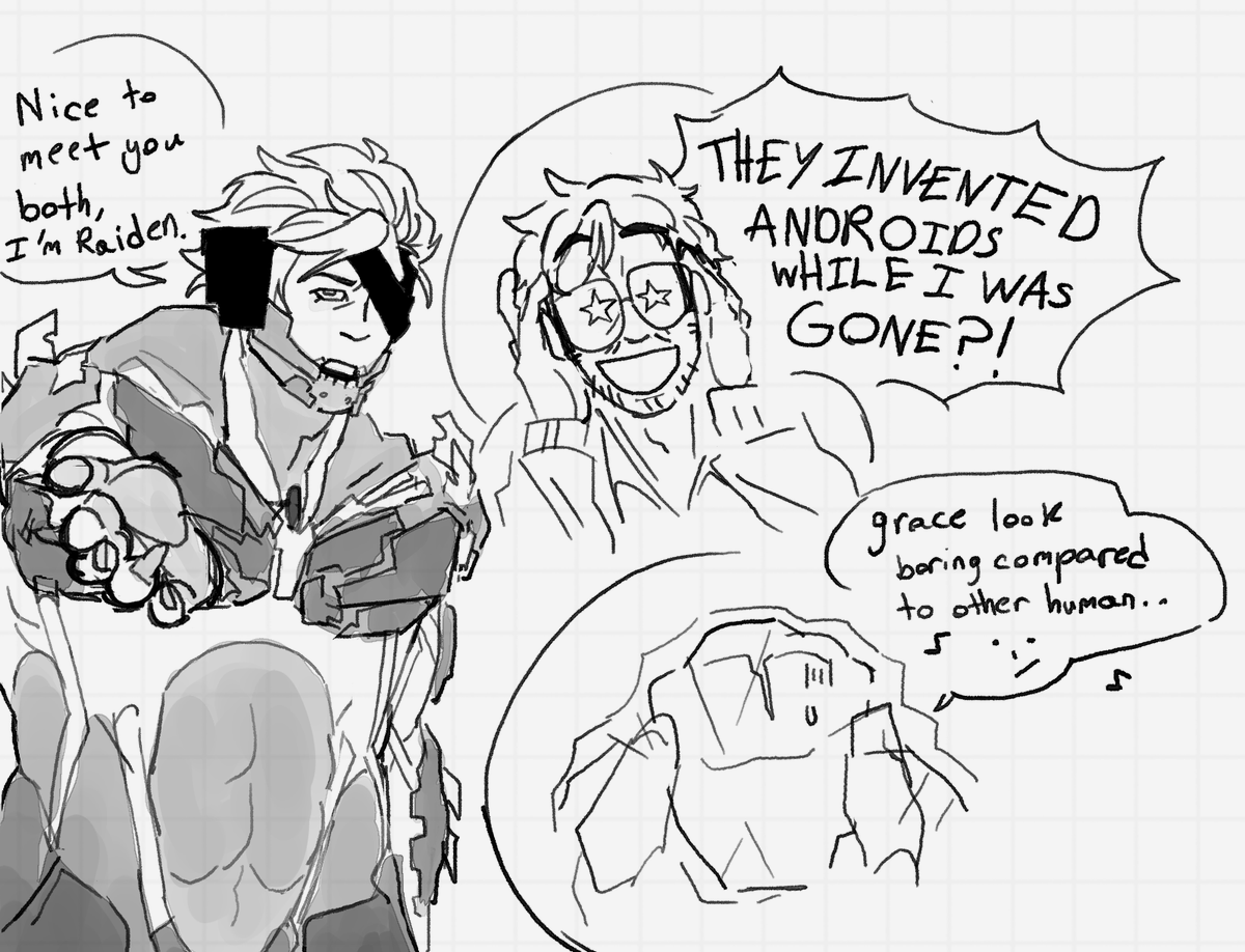CitrusIdiot's tweet photo. "sorry about the last one you should do Raiden meeting Grace n Rocky" -> heres my shitty comic in respon. also its kinda more grace focused sry. also this comic caters to me only.

(btw for this comic grace comes back to earth way earlier due to new technology with rocky.) https://t.co/kJCbT3Ovt7