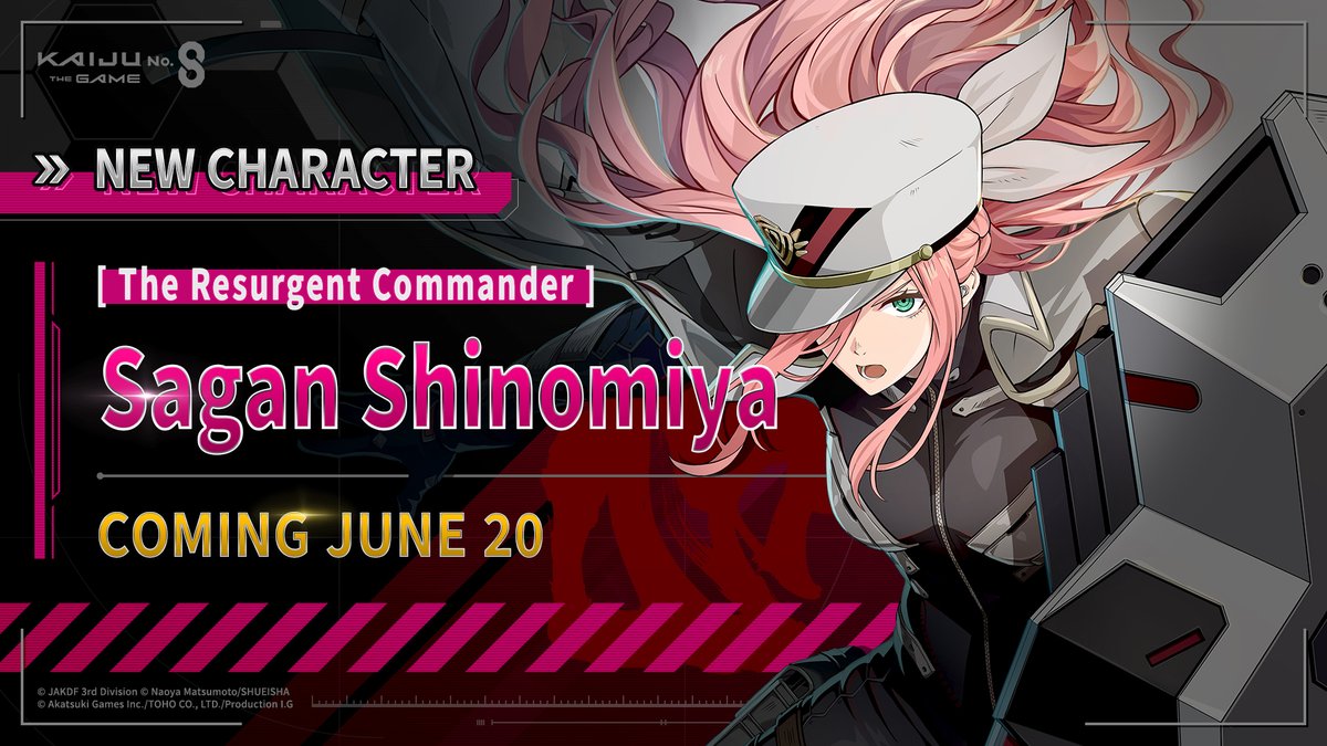 kj8_TheGame_EN's tweet photo. ◤  [The Resurgent Commander] 
 　 　 　 Sagan Shinomiya
　        　 Coming June 20 　　 　 ◢

[The Resurgent Commander] Sagan Shinomiya will be added to the game in the upcoming update on June 20 JST (UTC+9)!

The detailed skill showcase for Sagan in her prototype suit will be revealed on June 18 JST (UTC+9)!

#K8Game #KaijuNo8