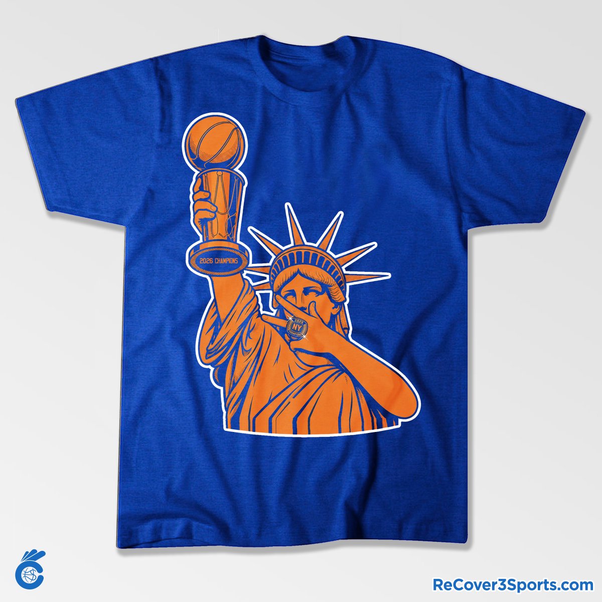 Cover3HQ's tweet photo. Good evening, Knicks Nation. 🗽

We got one more rop before bed and it's maybe our best yet.

Lady Liberty doing the Brunson celly, championship ring on, trophy raised.

Available for a limited time only.

Get yours now 👉 https://t.co/1MGpZ6QW10 https://t.co/CBbN0evAIU