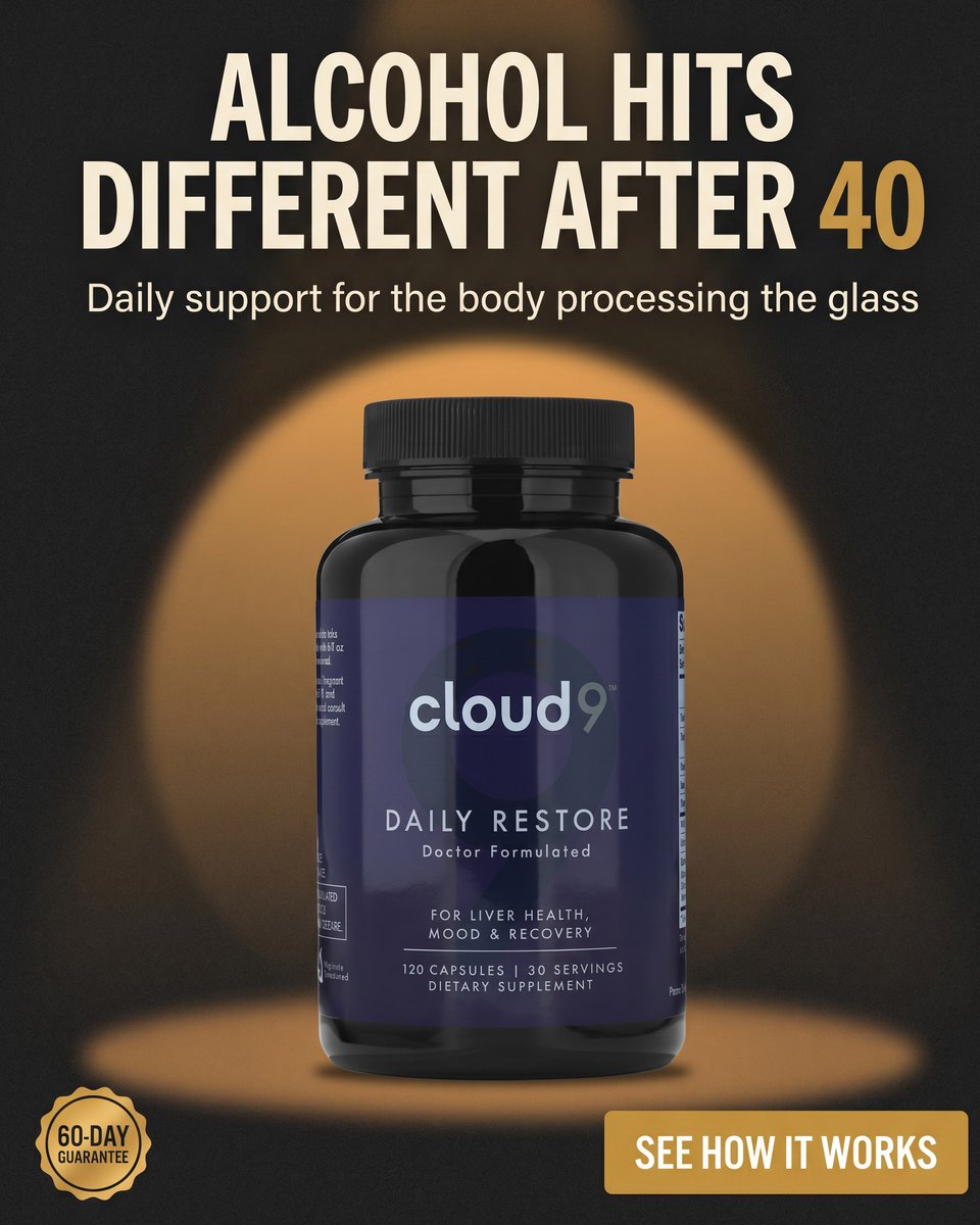 trycloud9health's tweet photo. Nobody warns you about this part of getting older:
Two glasses of wine now wreck you the way four used to.
2am wakeups. Fog till noon. It's not the booze getting stronger. It's your reserves getting lower.
Daily support, not a hangover cure. 
Like sunscreen for alcohol →