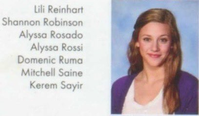 iheartdepalma's tweet photo. Lili Reinhart’s freshman, sophomore and junior yearbook photos from Bay Village Ohio. She’s from my hometown &amp; was also homeschooled her senior year like me https://t.co/82zCnIME9S