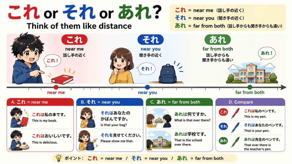 Japanese__yuki's tweet photo. これ, それ, and あれ are easier when you see the distance.
They all mean “this/that,” but Japanese uses them depending on where the thing is 👇 https://t.co/FovxnLTzS4