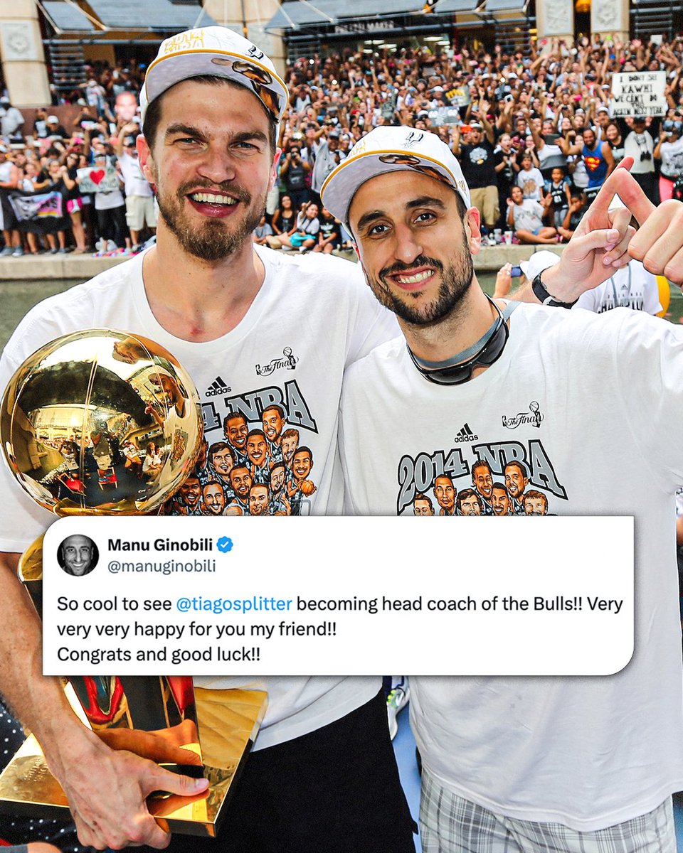 YahooSports's tweet photo. Manu Ginóbili congratulates former teammate and Bulls’ new head coach Tiago Splitter ❤️ https://t.co/9glxKNxGHy