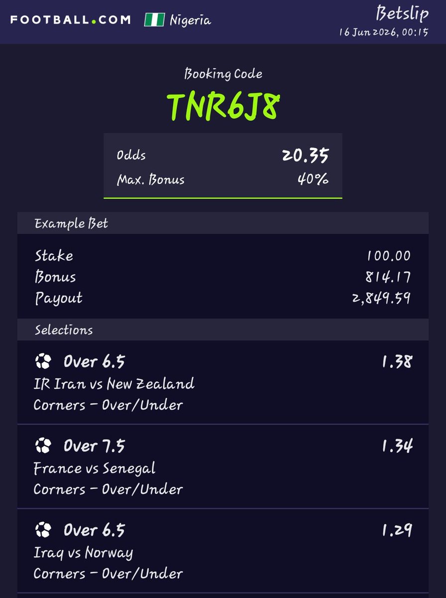 Kennish24's tweet photo. TNR6J8 -20 Odds🔞♻️

Corner over 6.5 or 7.5 💣 https://t.co/7v087ety7R