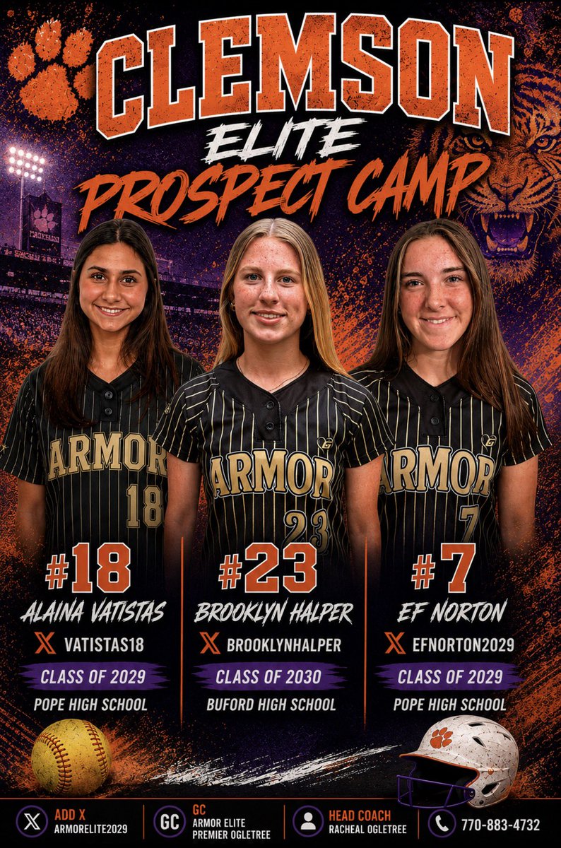 ArmorElite2029's tweet photo. Great day at the Clemson Prospect Camp!
Proud of our girls repping it out:
• #18 @Vatistas18 
• #23 @BrooklynHalper 
• #7 @EFNorton2029 
Huge thank you to the Clemson Softball coaches, @rittmanjohn , @KatieRepole, @ClemsonCoachKJ & the entire staff for the incredible support, real time feedback and opportunity! 
@ArmorEliteFP @SoftbalAmerica @D1Softball @eliteprospects @D1ProScouts @SBRRetweets @CoastRecruits @CoastRecruitsSB @TOP_D1RECRUITS @PrepSoftball @LineDsoftball @clemsonsoftball @los_stuff