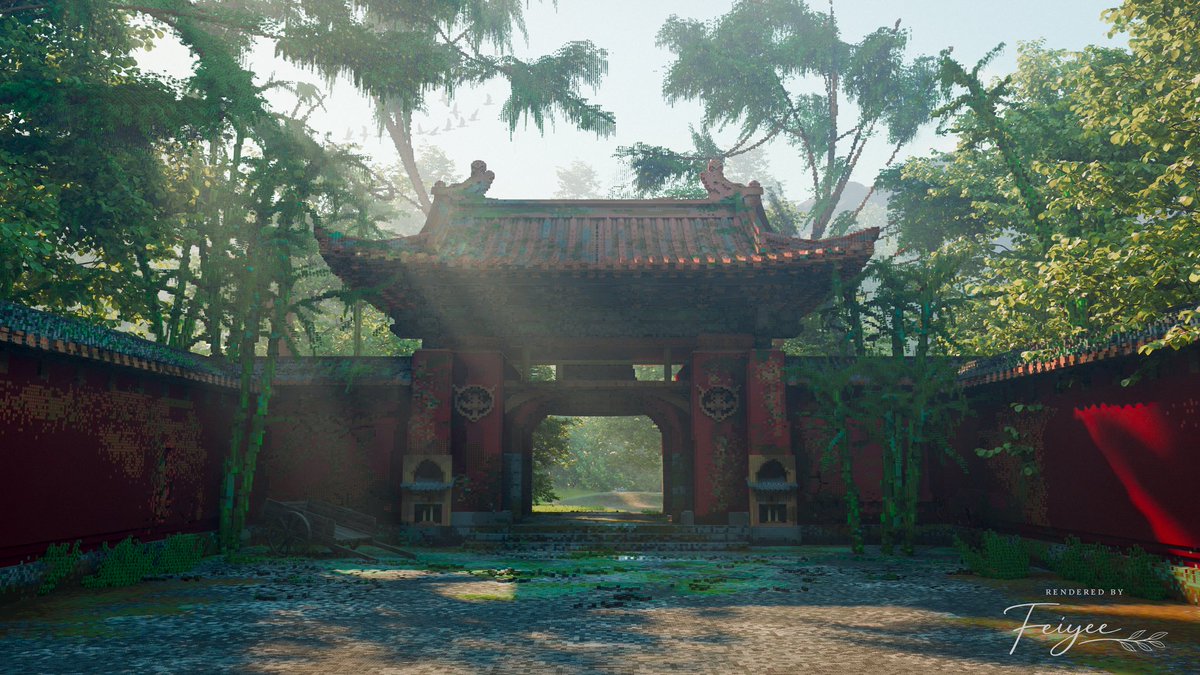 Feiyeee2's tweet photo. 「红墙古刹，林隐晨光」
​Render: By me
Original Design: 咕咕零
​ #minecraft #blender3d #minecraft建築コ三ュ #minecraftbuild https://t.co/TXMAYxdYOs