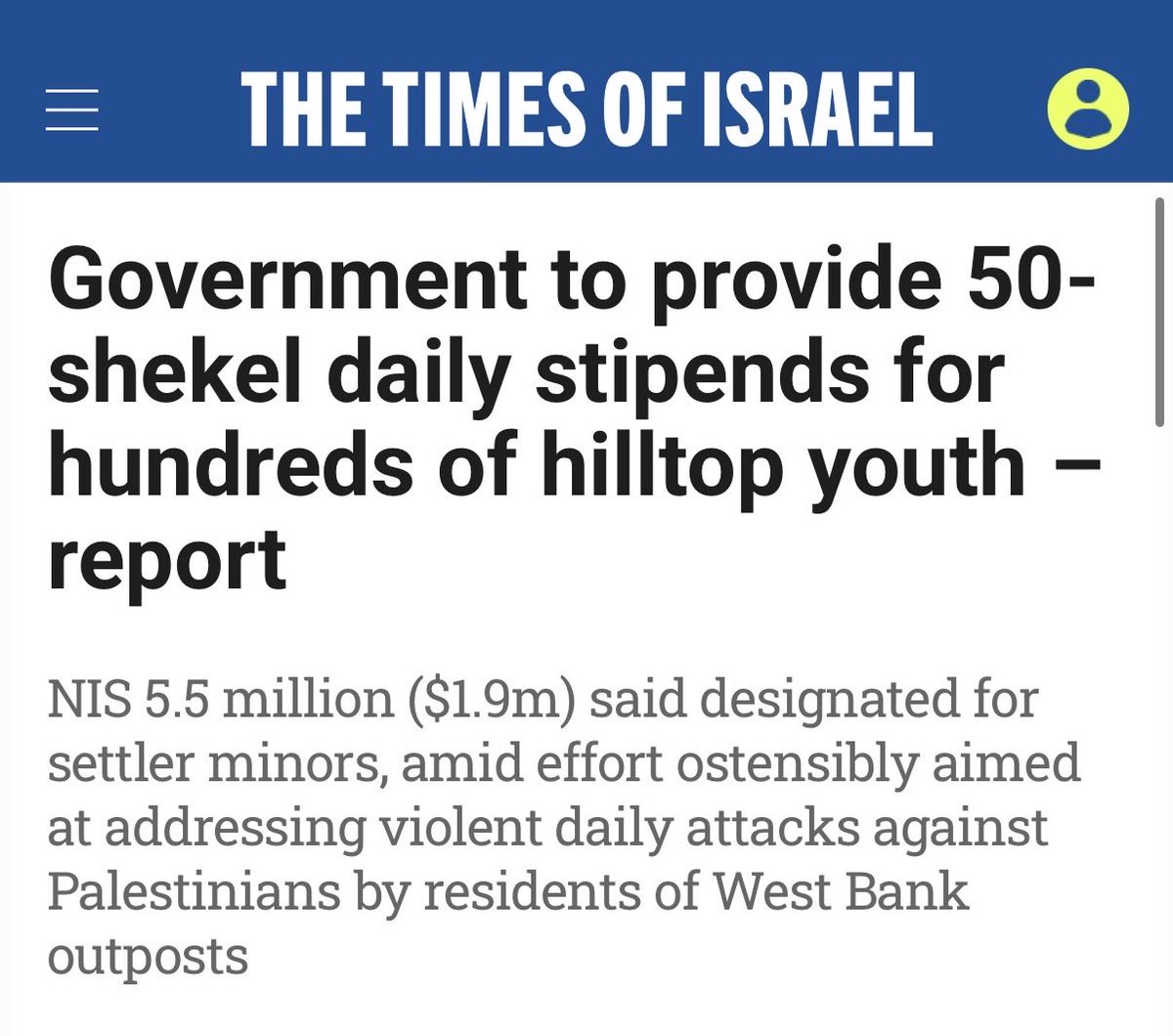 infinite_jaz's tweet photo. Israel’s plan to fight settler violence includes paying 657 hilltop youth a 50 shekel daily stipend 👍 https://t.co/zavdyJ2XpW