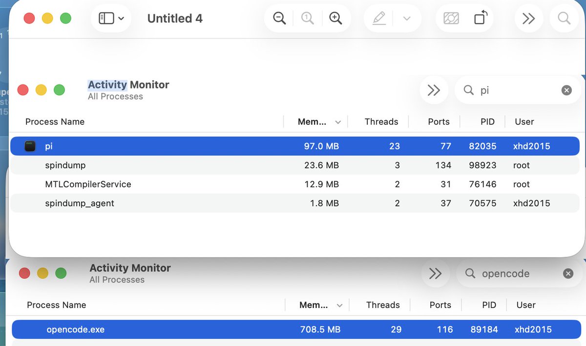 FultonShaw's tweet photo. @peytonspencer @badlogicgames it is really awesome, I see no difference regarding TUI experience

and the memory footprint is nowhere opencode can relate https://t.co/p2beXakrZ0