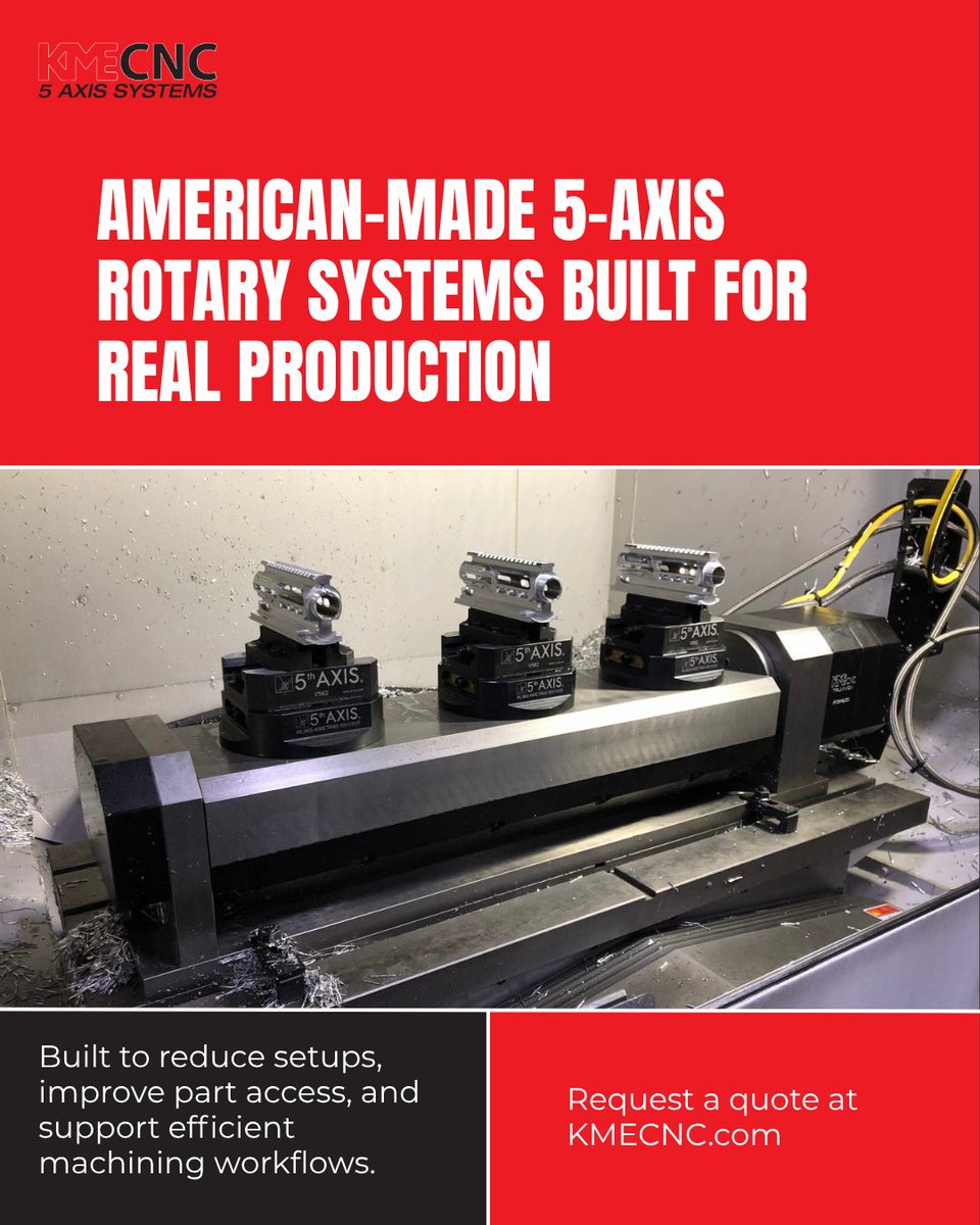 KMECNC's tweet photo. Every setup change costs time.

KME CNC 5-axis rotary systems help shops machine more efficiently with fewer interruptions and better part access.

Built in the USA. Built for production.

https://t.co/olAPgUqA6k

#KMECNC #5AxisMachining #Workholding #MadeInUSA #CNCMachining https://t.co/AmspKZPMwU