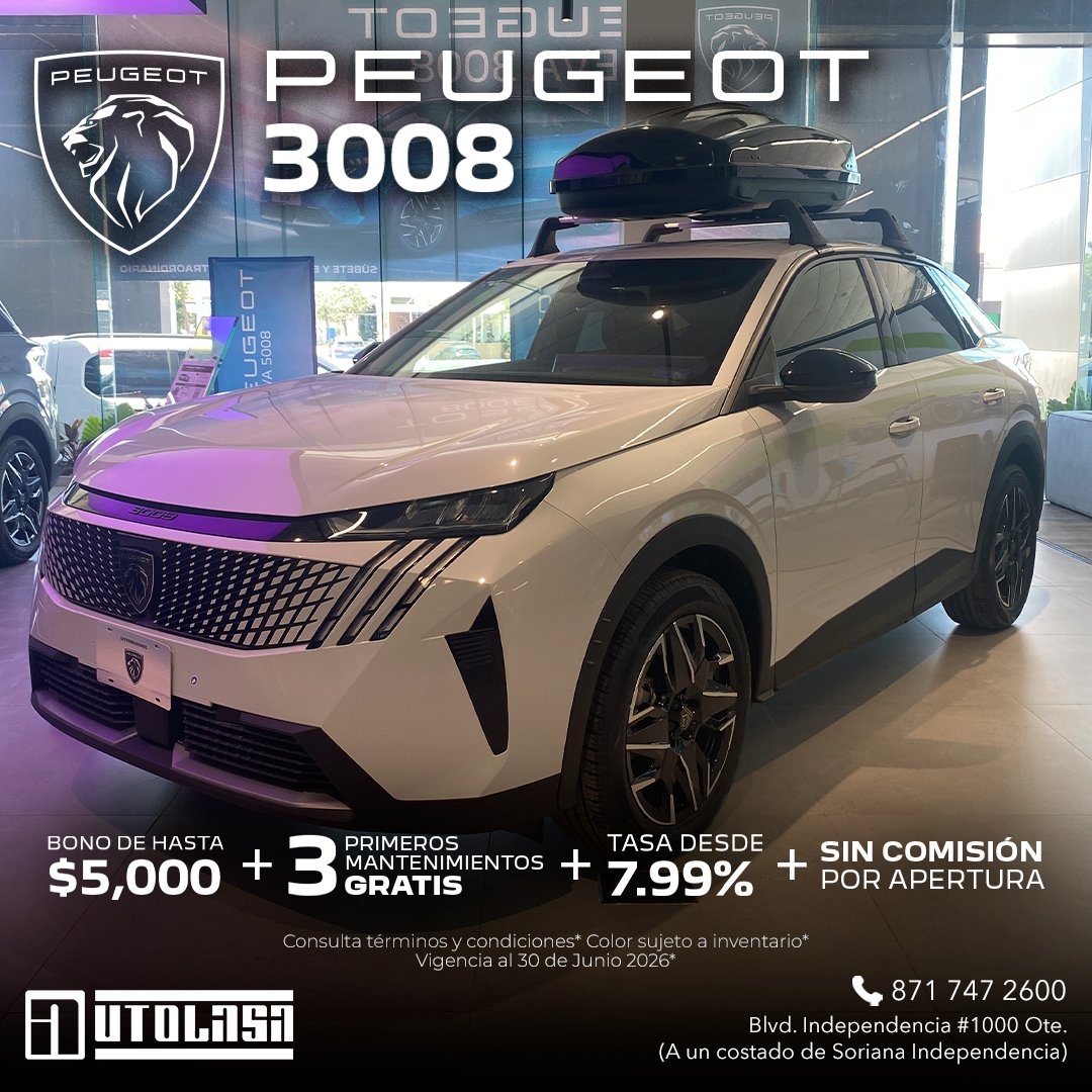 AutolasaLaguna's tweet photo. Estrena una Peugeot 3008 y disfruta de una experiencia de manejo única con beneficios exclusivos.

📍Te esperamos: Blvd. Independencia #1000 Ote. 
📲Envíanos whatsapp para mas información: https://t.co/PrhPtk3GQU
Valido hasta  el 30 de Junio. https://t.co/06BP30RVP2