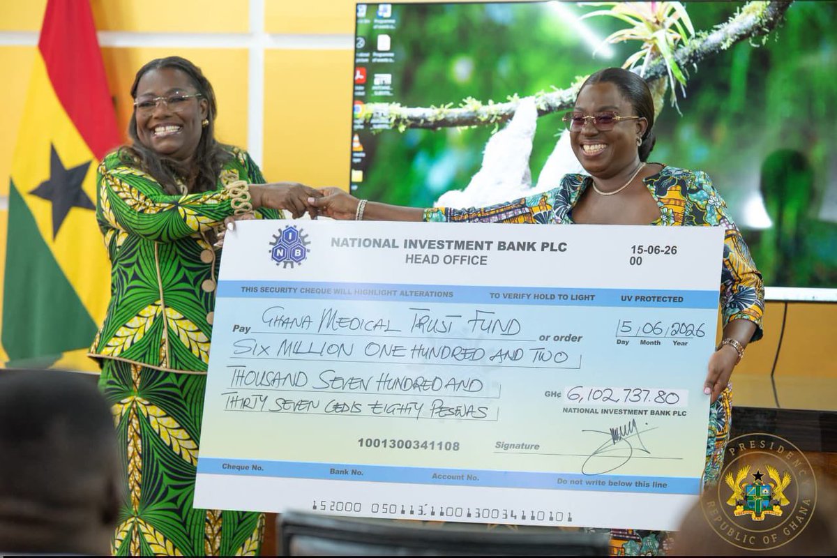 GhanaPresidency's tweet photo. President John Dramani Mahama has fulfilled a commitment made at the launch of the Ghana Medical Trust Fund (MahamaCares), donating six months of his basic salary and leading government appointees in contributing one month of their basic salaries to support the initiative.

The combined contribution, amounting to GHS 6,102,737.80, was officially presented to the Ghana Medical Trust Fund on Monday by Deputy Chief of Staff (Administration), Nana Oye Bampoe Addo.

Receiving the donation, Administrator of the Ghana Medical Trust Fund, Adjoa Obuobia Darko-Opoku, expressed appreciation for the contribution and commended the commitment demonstrated towards supporting Ghanaians in need of specialist medical care.

Speaking at the presentation, Nana Oye Bampoe Addo reaffirmed the government's commitment to supporting citizens facing serious health challenges and encouraged broader participation from individuals, institutions, and corporate bodies in sustaining the Fund. #MahamaCare