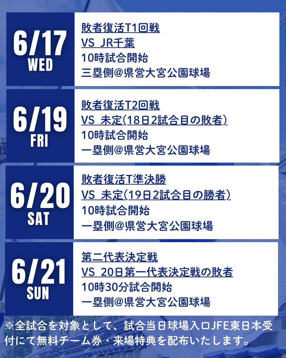 JFE_East_Japan's tweet photo. 【#都市対抗野球南関東大会】

昨日行われたテイエステック戦で敗れ、敗者復活トーナメントに回りました。

〈次戦〉
敗者復活T1回戦
6月17日(水)10時試合開始
vs #JR千葉
三塁側@県営大宮公園球場
※9時〜無料チーム券・来場特典配布

応援よろしくお願いいたします🔥

#JFE東日本 https://t.co/GL02ZhYF2k