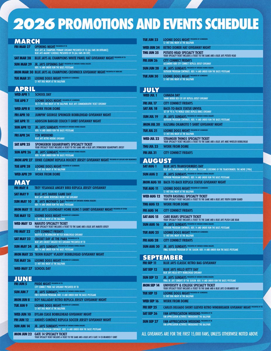 WeakPosts's tweet photo. Toronto Blue Jays 2026 Schedule w/ 2026 Promotions and Events Schedule https://t.co/qaO8QOlEQR
