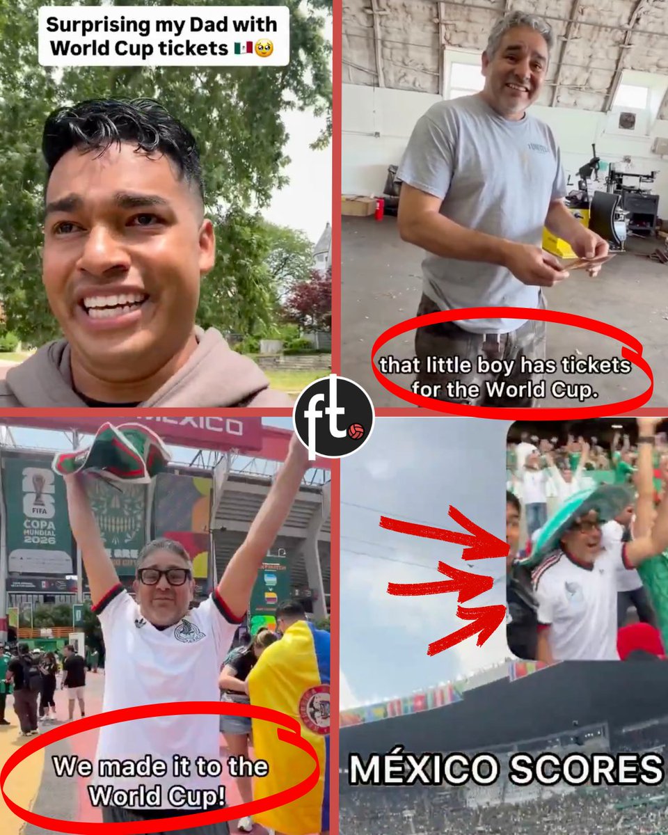 Footballtweet's tweet photo. A Mexican fan has gone viral after pulling off an unforgettable surprise for his dad. 🇲🇽❤️

The emotional video shows the son arriving at his father's car mechanic shop to reveal that he had bought them tickets to watch Mexico's World Cup opener against South Africa. Fighting back tears, he tells his dad the news, who initially refuses to believe it.

But the surprise didn't stop there. His son had also bought him a brand-new Mexico shirt and even packed a suitcase because they were leaving for the match immediately.

The clip then cuts to Mexico City, where his dad is seen in tears during the national anthem before wildly celebrating Mexico's opening goal.

The World Cup creates memories that last a lifetime. This is the wholesome content we all need in our lives. 🇲🇽🫂❤️