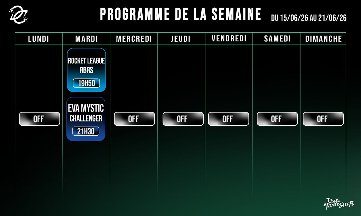TeamDiverGentes's tweet photo. Le planning est là ! 🗓️
On se retrouve dès ce soir pour la demi-finale des RBRS, puis un match de la Challenger League pour l'équipe Mystic.
#TSNS 🐍 https://t.co/KbFarhSwGJ