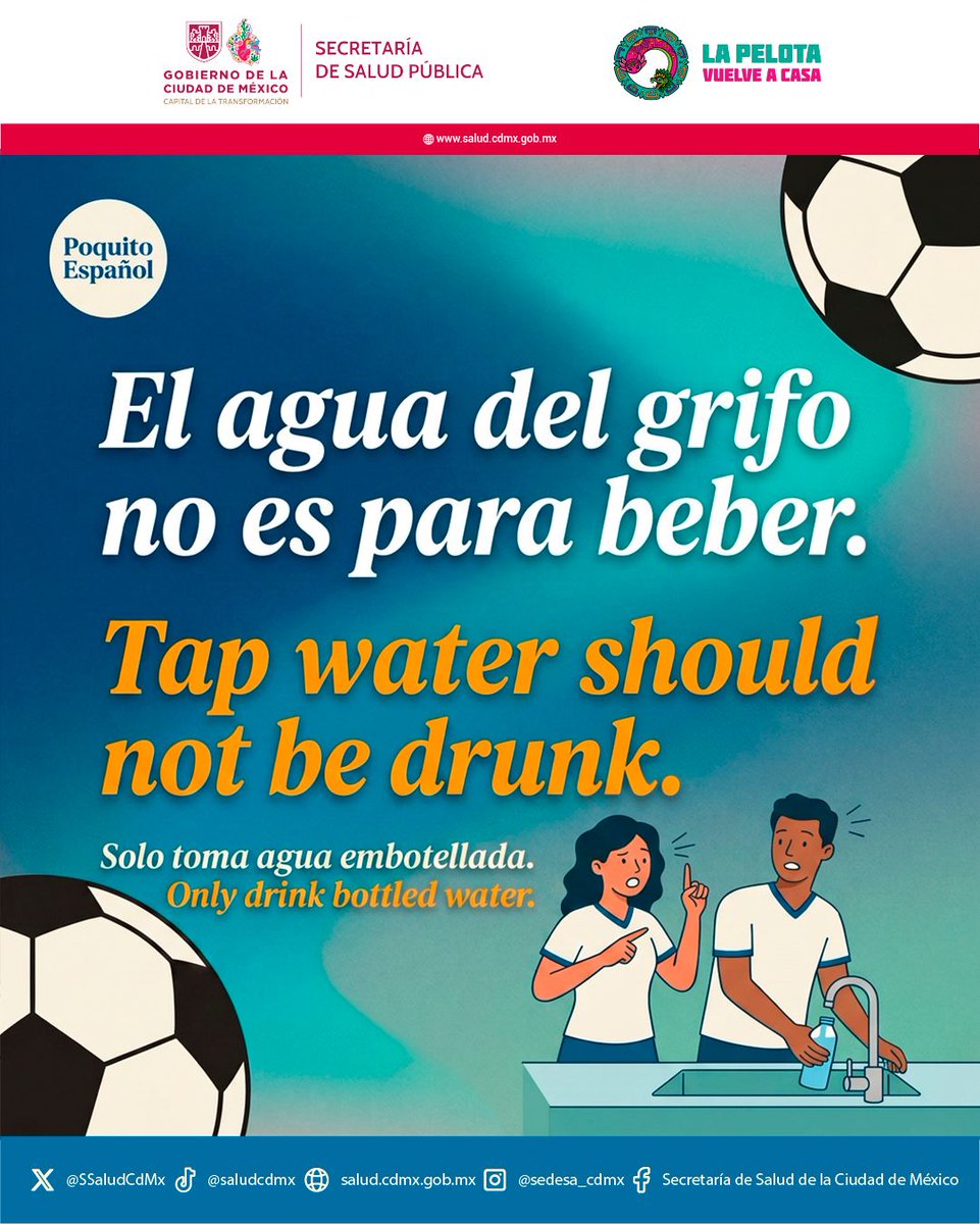 SSaludCdMx's tweet photo. 💧⚽#PoquitoEspañol Quinto consejo para disfrutar el campeonato de futbol en México:

Si te da sed durante el partido, elige agua embotellada.

#LaPelotaVuelveACasa #CapitalMundialista #AguaLimpia https://t.co/5qw16ZKIok
