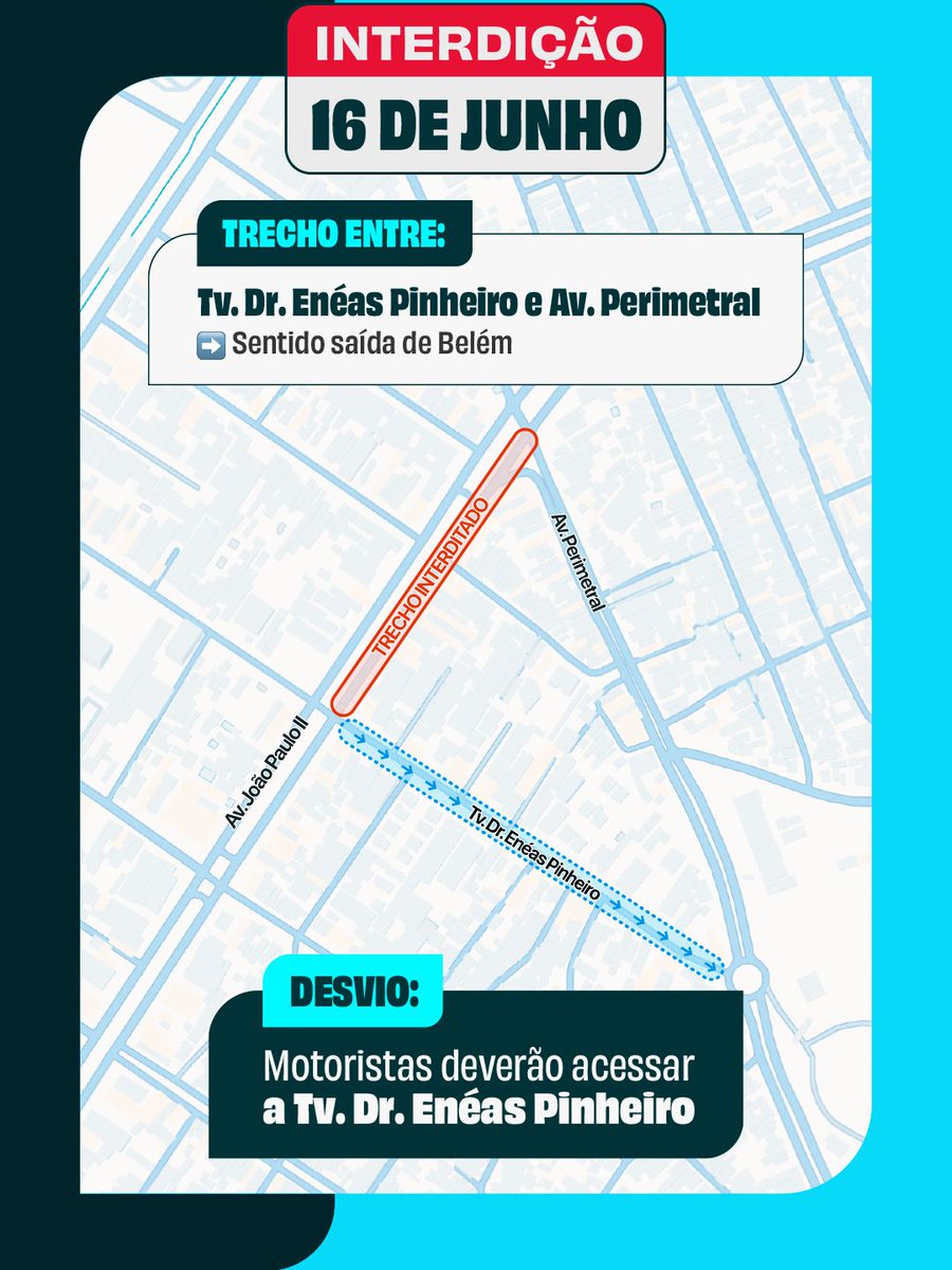 ngtm_pa's tweet photo. 🚧 Atenção, motorista!
Para garantir o avanço das obras do 6º Viaduto da Região Metropolitana, o NGTM realizará duas interdições temporárias na Avenida João Paulo II nos dias 16 e 18 de junho. https://t.co/WSDxgID66V