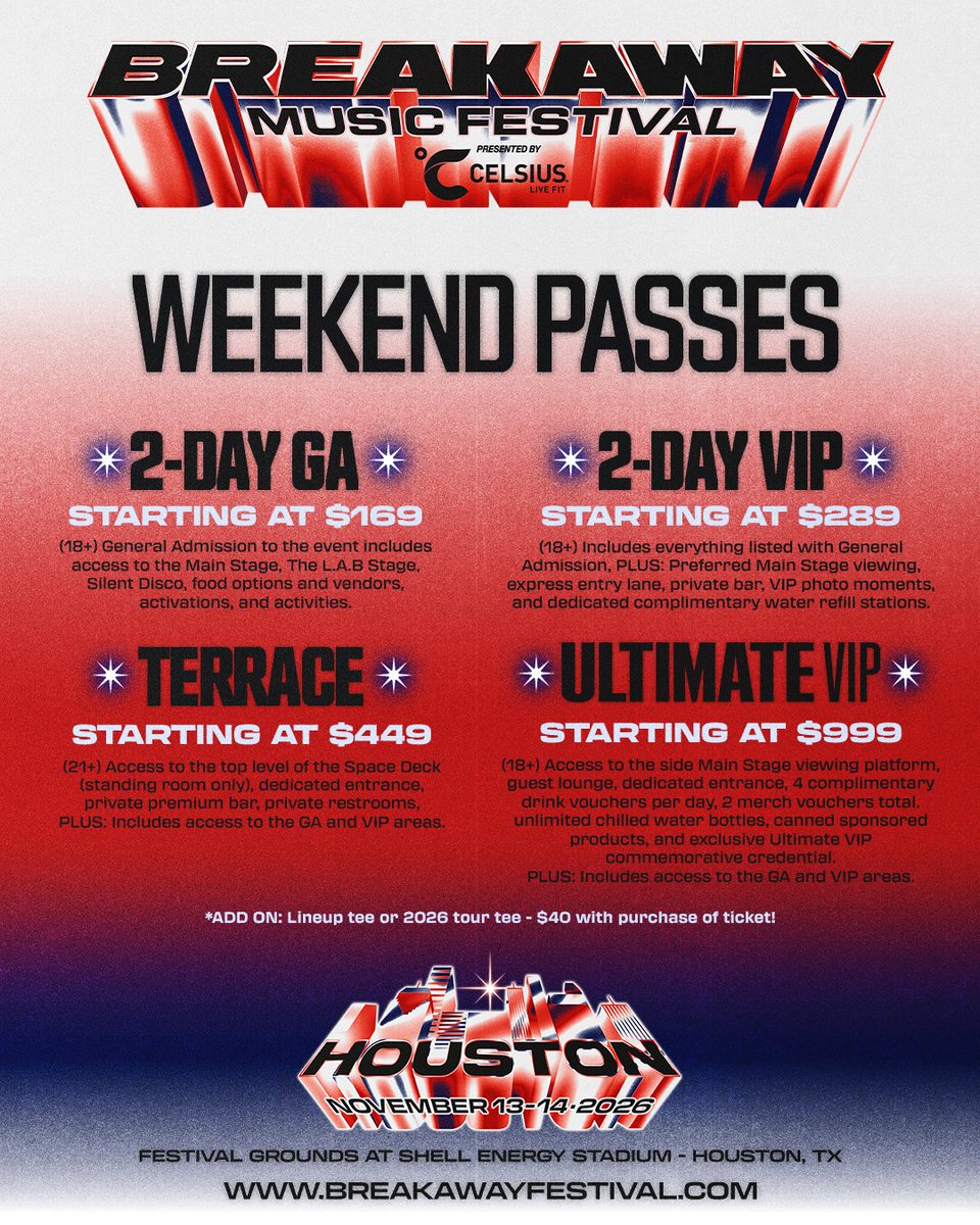 BreakawayFest's tweet photo. Breakaway Houston weekend passes are officially on sale 🪩 We’ll see you all for year 1 at the Festival Grounds at @ShellEnergyStdm, Nov. 13-14th! https://t.co/6GklEii0yg