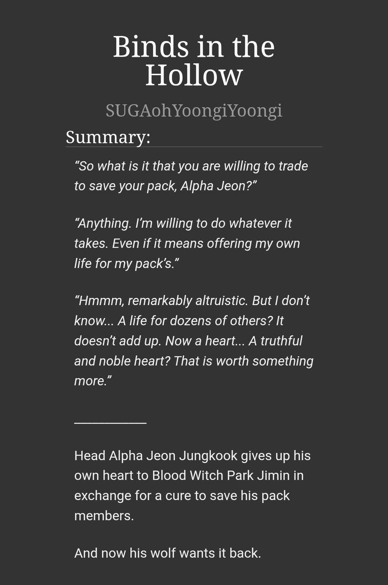 ohYoongiYoongi's tweet photo. 《  Binds in the Hollow 》

🗝 jikook, 36k, chaptered
🗝 fantasy, lots of magic, a/b/o, blood witch JM, (sort of)enemies to lovers (or sth else, but can’t give spoilers), hurt/comfort, magical smut, 🔞
🗝 part of ElfOnTheShelf
🗝 gift to @disorderofsound 

https://t.co/qQaDntUHgH https://t.co/tHSQ7tx3lY