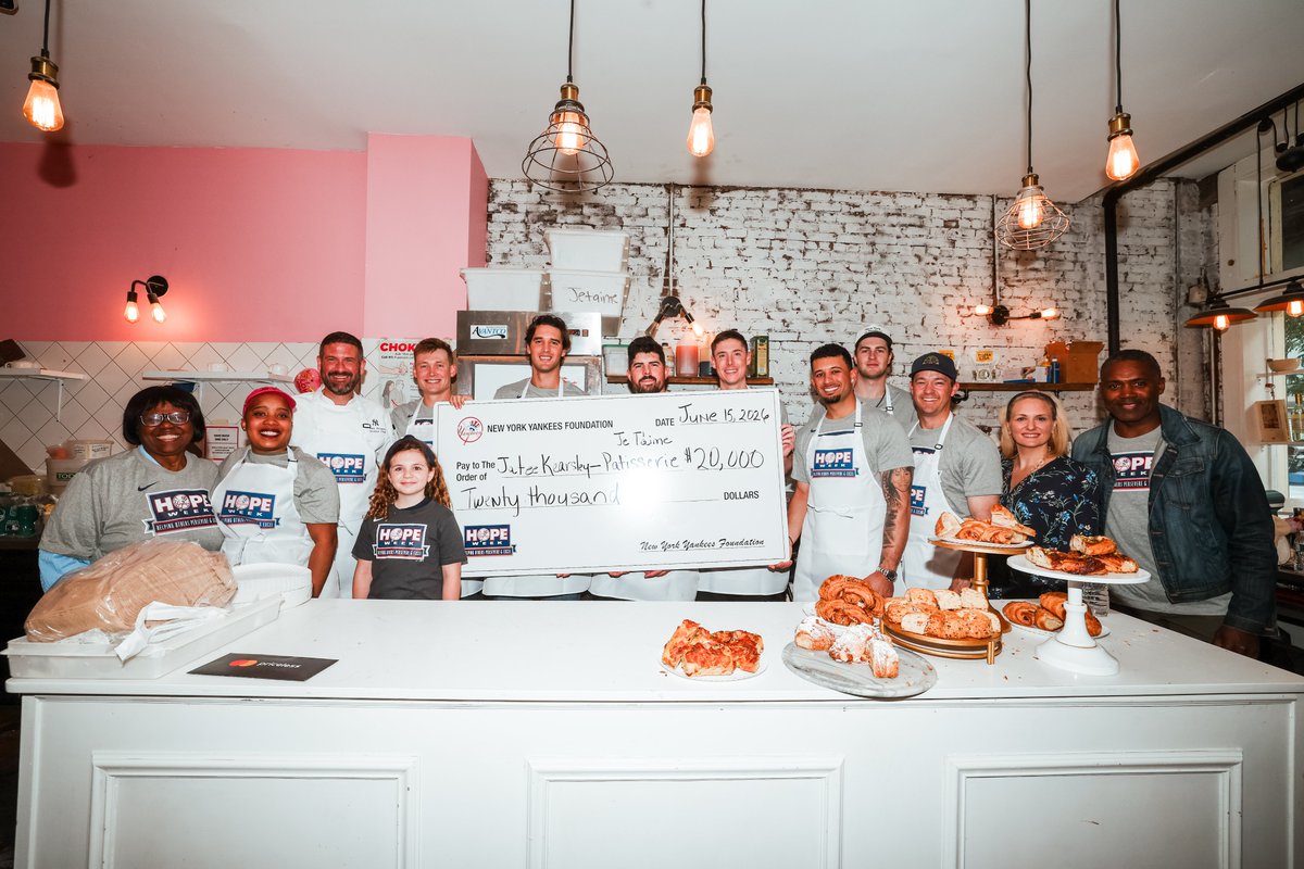 Yankees's tweet photo. To kickoff #HOPEWeek, the Yankees honored Jatee Kearsley and her Bed-Stuy bakery, Je T’aime Pâtisserie, which brings affordable, finely crafted food within reach of families in challenging financial circumstances — like she had growing up 💙

Despite mounting challenges, Kearsley has resisted raising prices or eliminating her acceptance of EBT and SNAP. It's her core belief that everyone — regardless of their socio-economic situation — deserves to be able to try delicious pastries 🥐