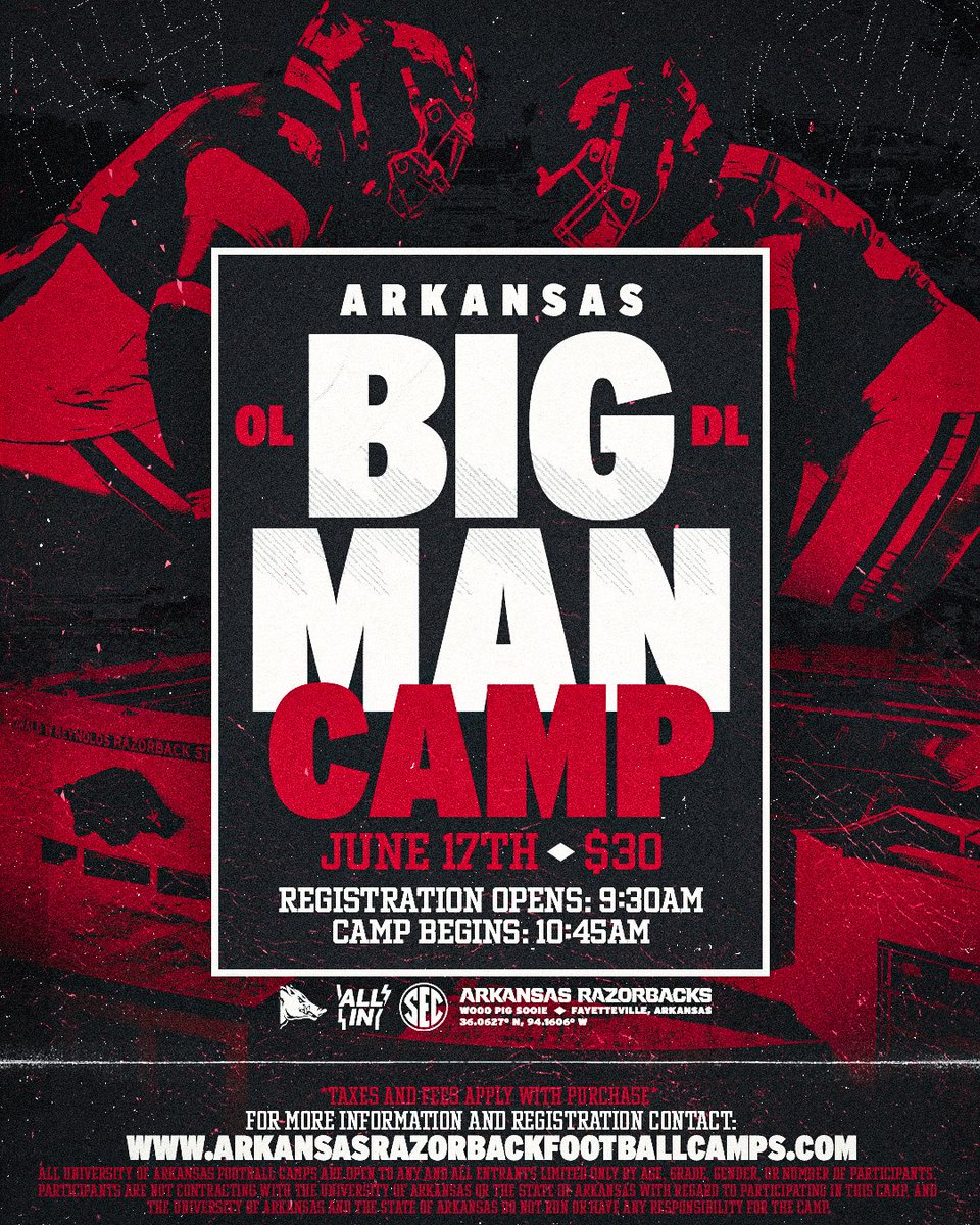 RazorbackFB's tweet photo. Big Man camp! 🐗

https://t.co/9NhdTk1lVr https://t.co/L5Yr4cgDlR