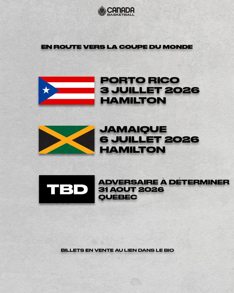 CanBball's tweet photo. La fierté d’Halifax.

📍 TD Coliseum — Hamilton (Ontario)
🗓️ 3 juillet c. Porto Rico — 19 h (HE)
🗓️ 6 juillet c. Jamaïque — 19 h (HE)

📍 Centre Vidéotron — Québec (Québec)
🗓️ 31 août c. À déterminer — 19 h (HE)

🎟️ Billets en vente : https://t.co/O6sTmNSVPu https://t.co/miVKGHpmu2