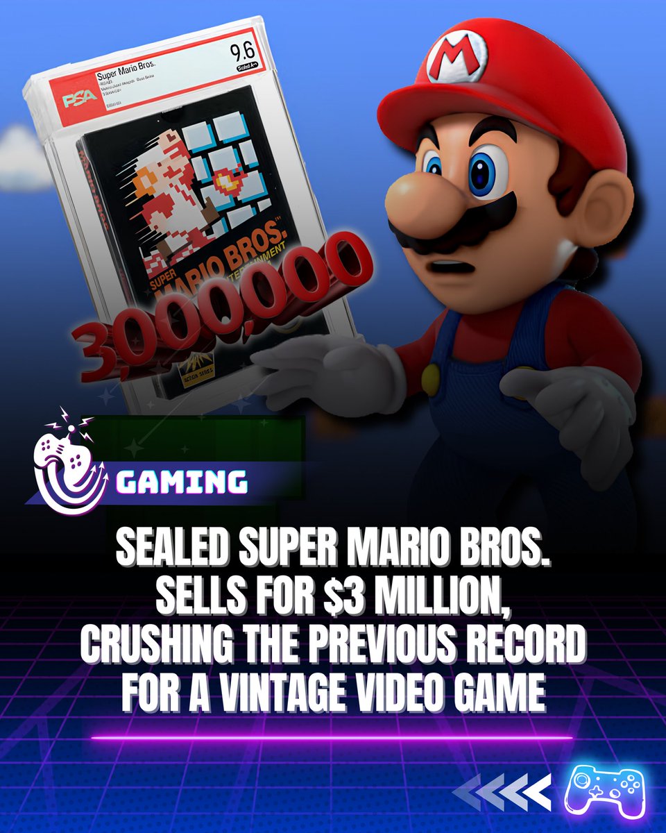 GamePlayUpgrade's tweet photo. A sealed 2nd-production copy of Super Mario Bros. has sold for a record-breaking $3 million at Heritage auction, becoming the most expensive video game ever sold thanks to its extreme rarity and pristine condition 💸 #SuperMarioBros #Wata #PSA #Nintendo #GamePlayUpgrade #GPU https://t.co/AcRN6JCzAR