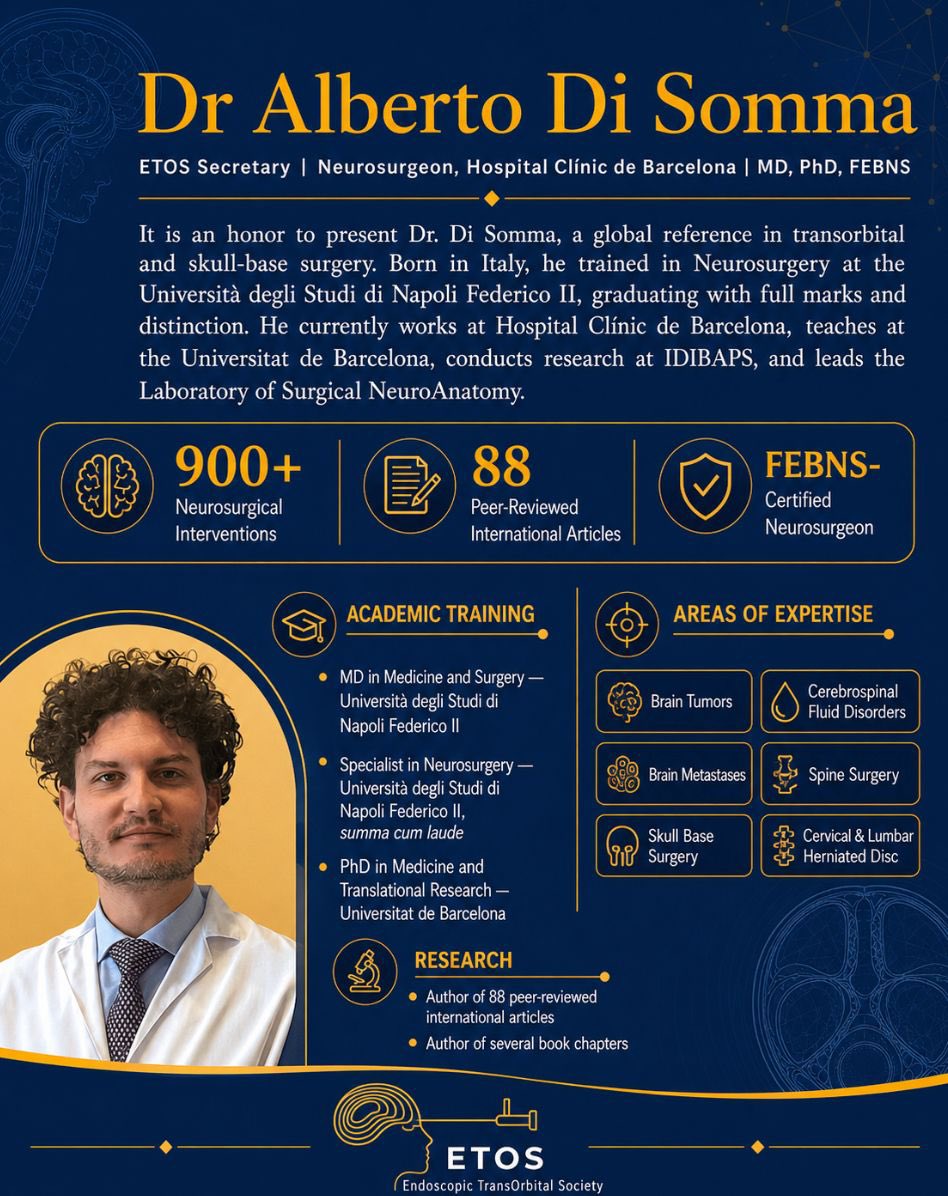 EtosSome's tweet photo. Meet our Expert Faculty; Dr Alberto Di Somma. ETOS executive board, secretary. 

Neurosurgeon | Skull Base &amp; Brain Tumor Specialist

With more than 900 neurosurgical interventions as a specialist, his clinical expertise focuses on complex brain and skull base pathology. https://t.co/I5Ml6443Nu