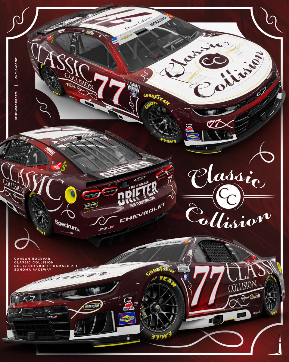 SpireMotorsport's tweet photo. A partnership that gets better with age.

@CarsonHocevar and @classicollision will team up again in ’26 beginning next week in Sonoma.

📰: https://t.co/El4gQnXfPO https://t.co/FzyLMxJbLi