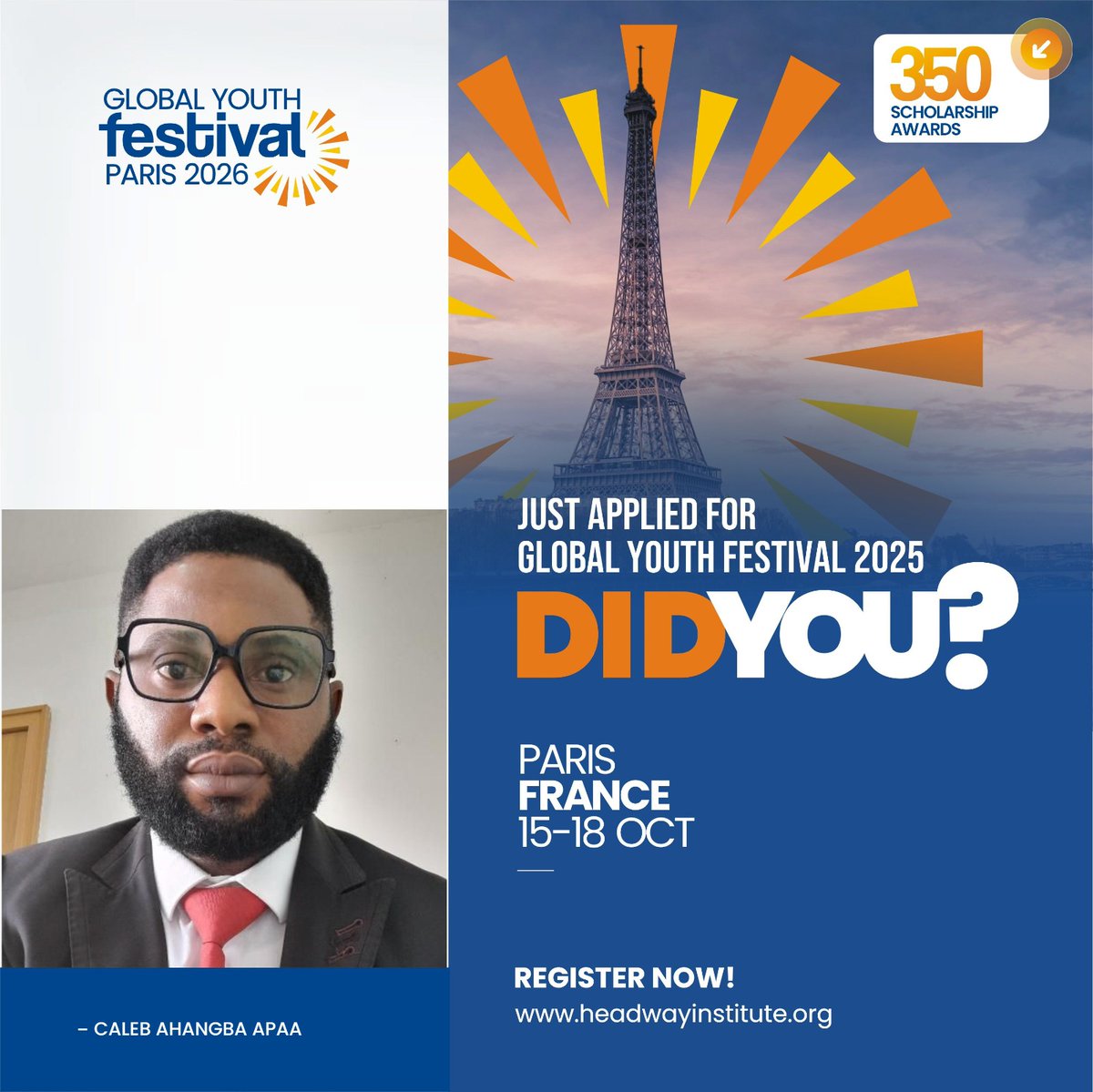 Apaa_Caleb's tweet photo. 🌍 Excited to Apply for the Global Youth Festival 2026 – Paris, France 🇫🇷 @Headway Institute of Strategic Alliance
I am pleased to share that I have officially applied for the Global Youth Festival 2026, scheduled to take place in Paris, France, from 15–18October2026.#GlobalYouth https://t.co/oBYL7LSzpT