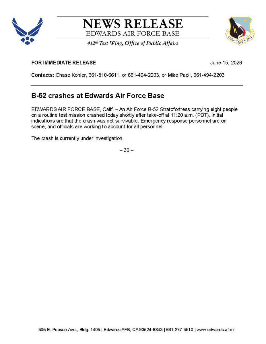 Breaking911's tweet photo. Statement released following today’s B-52 crash at Edwards Air Force Base. https://t.co/FZFgFRUaJw