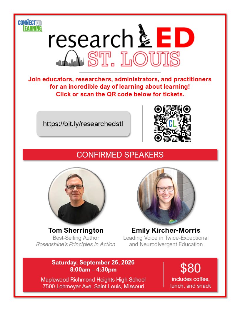 researchED_US's tweet photo. 🚨 🚨 SAVE THE DATE 🚨🚨  

researchED is coming to St. Louis! Join us Saturday, September 26 for: 

* amazing speakers 
* research-informed guidance
* practical classroom advice
* new connections

We can't wait to see you there. https://t.co/jWTz4JojRX