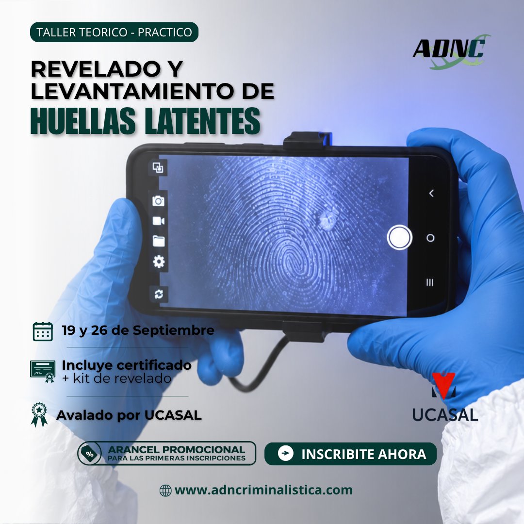 adncrimi's tweet photo. TALLER PRÁCTICO INTENSIVO DE REVELADO Y LEVANTAMIENTO DE HUELLAS LATENTES
19 y 26 de Septiembre - 10ma edición en modalidad mixta (online y presencial) avalado por la UCASAL

Más información e inscripción:
https://t.co/4BVRgnsWTm
¡CUPOS LIMITADOS! https://t.co/wZgvZaVyjx