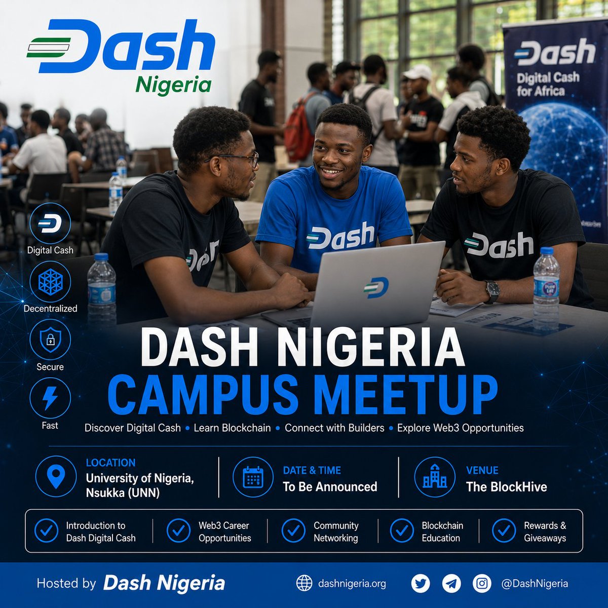 Treyx_Im's tweet photo. Over 3 months we've been actively building and ensuring an adoption of @Dashpay in Nigeria through a series of activities carried out in the @DashNews_NG community.  

We're working to bring a @Dashpay Nigeria  in-person Meetup to the University of Nigeria, Nsukka (UNN) 🇳🇬

The goal is simple: introduce students to digital cash, blockchain technology, and opportunities within the Dash ecosystem through an educational, community-driven event.

At this stage, we're seeking community support to help cover event logistics, educational materials, refreshments, and onboarding activities for students.

Every contribution, no matter the size, helps us reach more students and expand crypto education on campus.

If you'd like to support this initiative, please reply or send a DM @DashNews_NG or @Treyx_Im

The budget is 50 $dash ~$1500 ( @ 1 = $30)
Below is the @DashNews_NG
Wallet address 👇🏻

XosbdvuinM9yG7FcYsy9KFX1bk9Yf3DQoq

Together, we can grow Dash adoption across African campuses. 🚀

#Dash #DashNigeria #CryptoEducation #Web3 #UNN