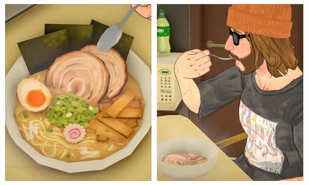 tamo_sim's tweet photo. Paralivesのラーメン　最近風のチャーシューに古風な海苔、メンマ、ナルト！🍜🍥卵の茹で加減まで完璧

Community BundleとMuseum donationをコンプしようと頑張ってる　レシピを集めて料理してたらスキル６になってラーメン作れた https://t.co/wtMeyvMHz8