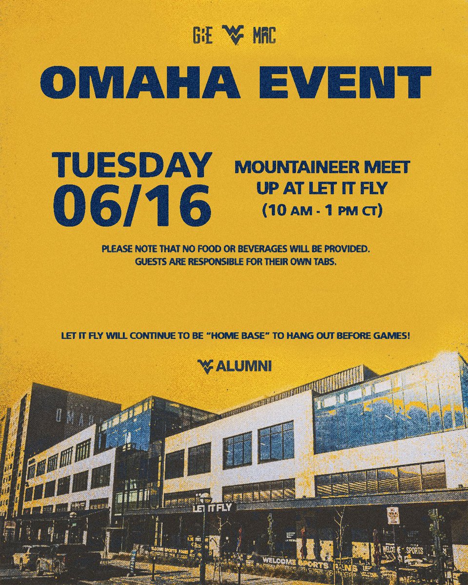 WVU_MAC's tweet photo. No registration. Just Mountaineers together. 💛💙⚾

Let's pack our "home base" and get ready to cheer on WVU! Let It Fly will operate as normal, with food and drinks available for individual purchase. https://t.co/QWzCUniFcm