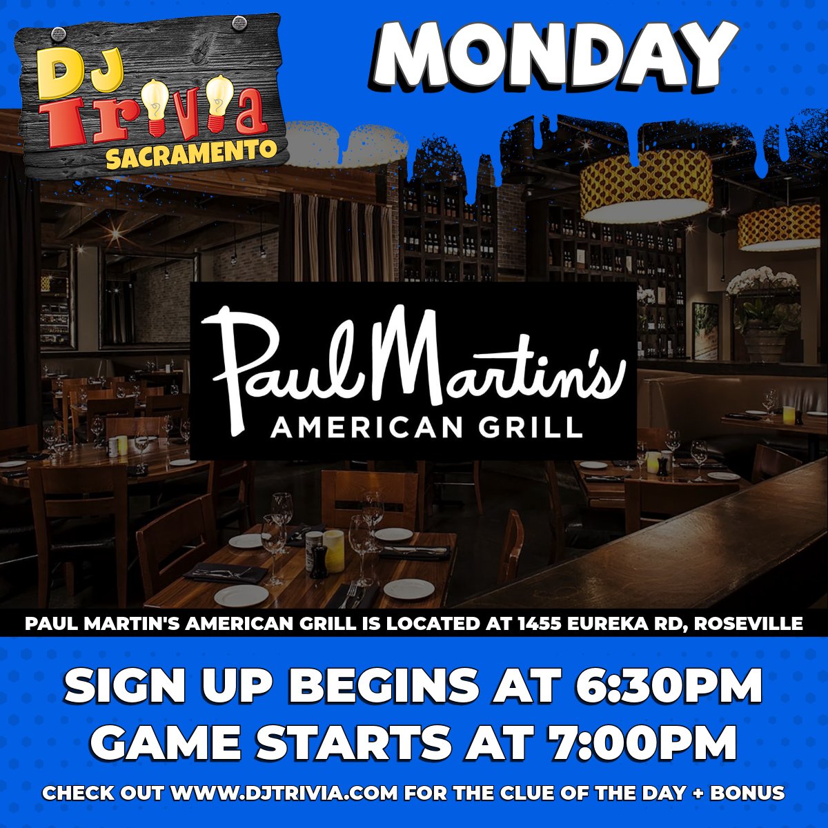 tjbedz's tweet photo. It's Monday, the new Summer/ Fall season of DJ Trivia Sacramento begun! Get your new season started with me as I host at Paul Martin's American Grill  

All ages welcome! Extended Happy Hour Menu!

DJ Trivia starts at 7pm You could win gift cards!
#djtriviasacramento https://t.co/LY4KO4IxUl
