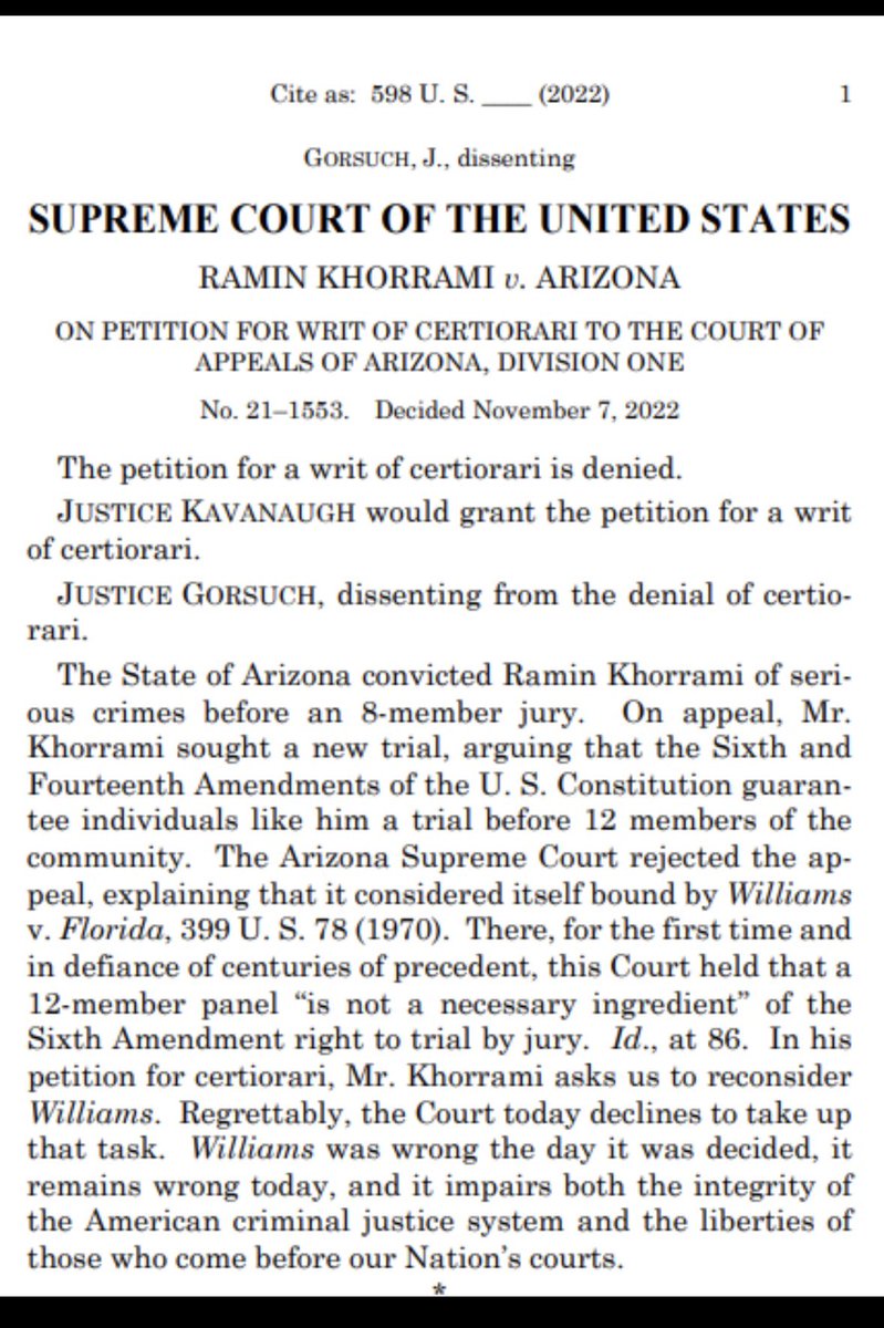 JudgeMinor's tweet photo. I think we know where Justice Gorsuch stands on constitutionality of 6 person jury. Justice Gorsuch made his thoughts clear in 2022. #SCOTUS #SixthAmendment #appellateX #appellatetwitter https://t.co/WXQQv5XIZn