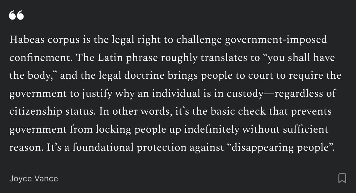 JoyceWhiteVance's tweet photo. The question inside Trump's White House wasn't whether suspending habeas corpus was a good idea. It was how much the administration could get away with before the courts stopped them.
That's a warning worth paying attention to.
Read here: 
https://t.co/jRv5GR7PGa https://t.co/RFhH7E65qu