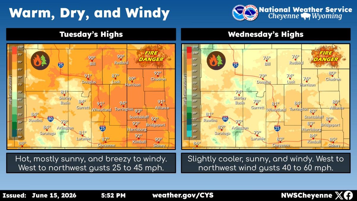 (Left) Forecast highs for Tuesday, (right) Forecast highs for Wednesday