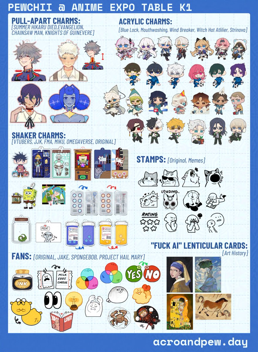 pewchii_'s tweet photo. Anime Expo 2026 Catalog is up 🎉

If you are looking for some One Piece, Blue Lock, Windbreaker, Frieren, HSR, ATLA, Haikyuu!, Mouthwashing, Strinova, TSHD, Knights of Guinevere, AND MORE...

✨Come to table K1 in the main artist alley ✨
#AX2026 #AXArtistAlley2026 https://t.co/xDIjV8peJq