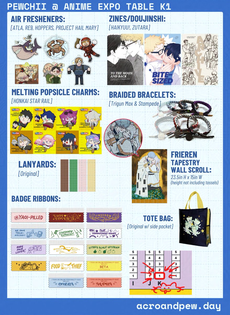 pewchii_'s tweet photo. Anime Expo 2026 Catalog is up 🎉

If you are looking for some One Piece, Blue Lock, Windbreaker, Frieren, HSR, ATLA, Haikyuu!, Mouthwashing, Strinova, TSHD, Knights of Guinevere, AND MORE...

✨Come to table K1 in the main artist alley ✨
#AX2026 #AXArtistAlley2026 https://t.co/xDIjV8peJq